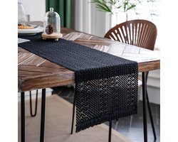 Geweven tafelkleed, bohemian linnen tafelloper met kwastjes, 30 x 180 cm, rechthoekig gehaakt kanten tafelkleed, keuken, vintage, landelijk, bohemian bruiloft, tafeldecoratie (zwart)