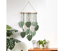 Geweven Wanddecoratie Met Bladeren En Veren Handgemaakte Boho Wandtapijt Lichtgroen Met Garen Kwasten Muurkunst Voor Slaapkamer Woonkamer Achtergrond Woondecoratie