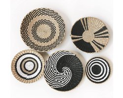 Geweven wandmand, decoratieset van 5, hangende gevlochten manden, natuurlijke decoratieve schalen voor woonkamer of slaapkamer, boho, huishoudtextiel, wilgenrotan, zeegras, muurkunst