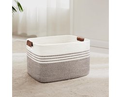 Geweven wasmand van katoenkoord, 45L, opbergmand met leren handvatten, mand voor dekens, kleding, speelgoed, wasmand voor kinderkamer of woonkamer, 45x35x27 cm, wit en donkerbruin