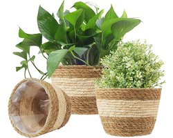Geweven zeegras plantenbakken - multifunctionele opbergmanden - 3 stuks - beige - natuurlijk materiaal