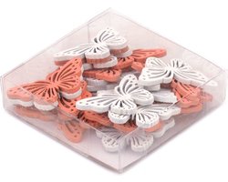 Gezellige decoratie, deze houten vlinders (maar liefst 24 vlinders tegelijkertijd) in de kleuren abrikoos en wit. Erg leuk om bijvoorbeeld uw eigen planten(bak) mee op te vrolijken. Voor uzelf of Bestel Een Kado
