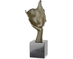 Gezicht - Bronzen Beeld - Brons Stempel en Gesigneerd - Brons Beeldje op een Marmer Sokkel - Gezichtsmasker Sculptuur op Handpalm - Bronzen Beelden Decoratie - 16x12x37