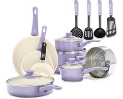 Gezonde Keramische Antiaanbaklaag Pannenset 16-delig met Braadpan en Steelpan - PFAS-vrij en Vaatwasmachinebestendig