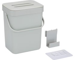Gft afvalbakje voor aanrecht of aan keuken kastje - 5L - grijs - afsluitbaar - 24 x 19 x 14 cm - compostbakje met ophang beugel