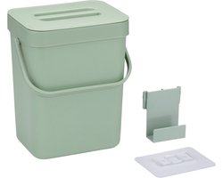 Gft afvalbakje voor aanrecht of aan keuken kastje - 5L - groen - afsluitbaar - 24 x 19 x 14 cm- compostbakje met ophang beugel
