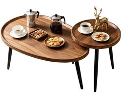 G&G salontafel set van 2 tafels - Koffietafel - Bijzettafel - Ovaal - Rond - Walnoot - Organisch - 3cm MDF - Metaal - Bruin