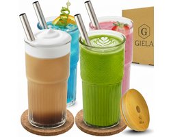 Giela® Drinkglazen – Waterglazen – Glazen set – Matcha set – Theeglazen – Set van 4 – Latte macchiato glazen – Frisdrankglazen – 4 rvs rietjes – 600 ml – thee set - Cappuccino – Cocktail – Martini glazen - Ijskoffie – Smoothie Beker - Matcha - Bamboe