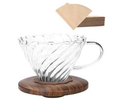 Giet over koffiedruppelaar met papieren filters - borosilicaatglas met walnootkraag, druppelkoffiezetapparaat voor 1-3 kopjes