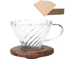 Giet over koffiedruppelaar met papieren filters - borosilicaatglas met walnootkraag, druppelkoffiezetapparaat voor 1-3 kopjes