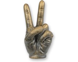 Gietijzeren beeld hand met peace teken – decoratief sculptuur in bronslook – stoer handbeeld voor interieur en kantoor – vintage stijl woonaccessoire