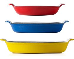 Gietijzeren Ovenschotel - Braadpan Set - Koken en Serveren - Geëmailleerd Gietijzer - Set van 3 - Geel Blauw Rood