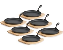 Gietijzeren Serveerpannetjes met Houten Onderlegger - 6 Stuks - Ø 22 cm - Voor Grillen en Ovenschotels