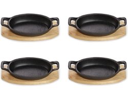 Gietijzeren Serveerschaal met Houten Onderbord - Voor Oven, BBQ en Inductie