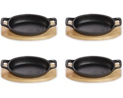 Gietijzeren Serveerschaal met Houten Onderbord - Voor Oven, BBQ en Inductie