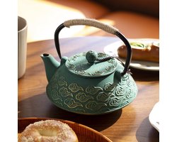 Gietijzeren Theepot, Japanse Theepot met Infuser, Theeketel Kookplaat Veilig, Goud Gunstige Wolken Patroon 20oz, 800ml Groen