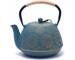 Gietijzeren theepot, Japanse theepot met infuser voor losse thee, grote capaciteit van 1200 ml, theeketel met Sakura-design voor op het fornuis en geëmailleerd interieur, Bredemeijer theepot, groen.