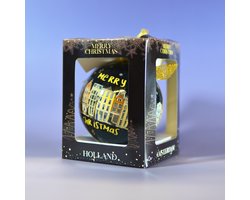 Giftbox XL Kerstbal Plastic: "Merry Christmas" - Amsterdam, Holland met Grachten - Zwart - 1 stuk - Holland souvenir