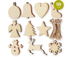 Giftmas Houten Kerstballen – Kerstversiering voor Binnen – Kerstbal van Hout – Kerst – 10 Vormen - ⌀7,5cm – 50 Stuks