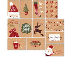 Giftmas Kerst Collectie – Wenskaarten & Kerstkaarten Set – 36 Groetenkaarten met 12 Designs – Inclusief Enveloppen en Stickers – Kraft Papier met Zwarte Bedrukking Voor Feestdagen – 20×15 cm