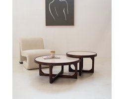Giga Meubel Salontafel Ayase Rond - Marmer/Hout - Donkerbruin - Set van 2