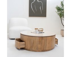 Giga Meubel Salontafel Elan Rond - Travertin - Naturel - 90x90x35cm - Incl. Lades
