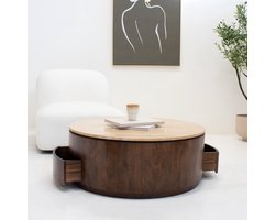 Giga Meubel Salontafel Elan Rond - Travertin - Walnoot - 90x90x35cm - Incl. Lades