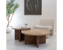 Giga Meubel Salontafel Leno Rond - Travertin/Hout - Naturel - Set van 2