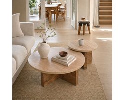 Giga Meubel Salontafel Leno Rond - Travertin/Hout - Naturel - Set van 2