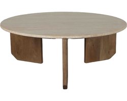 Giga Meubel Salontafel Simon Rond - Travertin/Hout - Bruin - 80x80x36cm