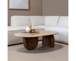 Giga Meubel Salontafel Wessel Ovaal - Travertin/Hout - Bruin - 120x65x38cm