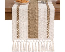 Gigicial Boho Tafelloper - Macramé Tafelloper - Dik Katoen-Linnen Weefsel & Handgemaakte Kantlijst Met Kwastjes - 1 Stuk - Voor Eettafel Decoratie In Woonkamer Of Keuken, Abrikoos