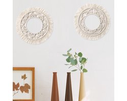 Gigicial Boho Wanddecoratie - Macramé Wanddecoratie - Handgemaakte Katoenen Boho Sfeer Met Ronde Spiegel - 1 Stuk - Woonkamer/Slaapkamer/Studentenkamer Wit