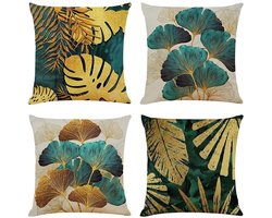 Gigicial Kussenhoezen - Blauwgroene sierkussens - Ginkgo-bladpatroon en gouden decoratie - 4 - Woonkamerbankversiering - Turquoise