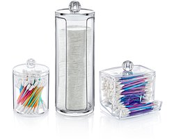 Gigicial Opbergdozen van acryl - opbergdozen voor wattenschijfjes - set van 3, geschikt voor badkamerorganisatie en sieradenopslag - 3-delige verpakking - transparant