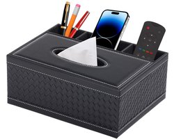 Gigicial PU leren tissuebox - rechthoekige zakdoekenopbergdoos - waterdichte decoratieve opbergdoos, geschikt voor badkamer + multifunctionele opbergdoos met meerdere compartimenten - 1 stuk - geschikt voor slaapkamer/woonkamer/zwart
