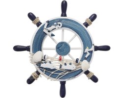 Gigicial Scheepsdecoratie - Zeilboot Wanddecoratie - Handbeschilderd Houten Stuurwiel Met Nautische Elementen + Decoratieve Bootmuurbevestiging - 1 Stuk - Huis Tuin Maritieme Decoratie Blauw