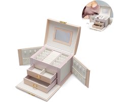 Gigicial Sieradendoos van imitatieleer - Vintage sieradenorganizer - Zijdezacht PU-leer, fluwelen voering, drielaagse opbergruimte - 1 stuk - Reizen & cadeau - Zwart