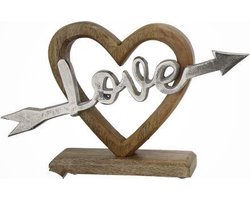 GILDE Handwerk Luxe Decoratie Hart "Love Arrow" - 28x22 cm - Natuurlijk Mangohout & Zilver Metaal - Romantisch Cadeau Huwelijk, Jubileum & Valentijnsdag - Handgemaakt Woonaccessoire Staand
