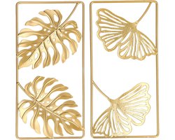 Ginkgo blad sculptuur muurdecoratie - Metalen gouden blad ornament voor slaapkamer en woonkamer - Prachtige wanddecoratie met 2 stuks.