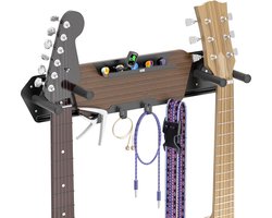 Gitaar-wandhouder met 4 afneembare rubberen beugels - dubbele gitaar-wandhanger met rek en 4 haken - houten gitaarstandaard voor elektrische en akoestische gitaar basgitaar ukelele