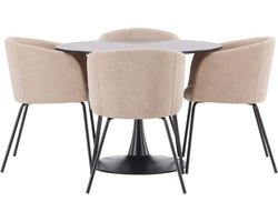 Glade eethoek tafel zwart en 4 berit stoelen beige.