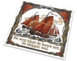 Glanzend tegeltje Friese tegeltjesspreuk De wyn kiest de koers net de skipper wol Skûtsjesilen op wilde golven in Art Nouveau stijl Maritieme wanddecoratie zeilen 15x15 cm