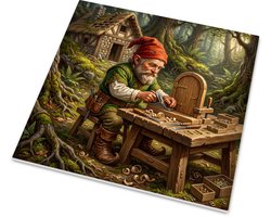 Glanzend tegeltje met illustratie van een tuinkabouter meubelmaker aan de werkbank in een betoverd bos bij een houten hut, sfeervolle wanddecoratie voor hobbyisten glanzend
