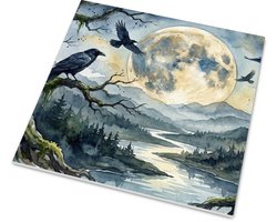 Glanzend tegeltje Zwarte Kraai en Raaf bij Grote Volle Maan Nacht Landschap Wanddecoratie - Aquarel Series Mysterieus - Cadeau voor haar: Vrouw, Vriendin & Collega - Woonaccessoire Gothic Duister Rivier Muurdecoratie Slaapkamer