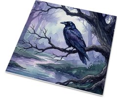 Glanzend tegeltje Zwarte Raaf op Tak in Donker Bos Rivier Nacht Natuur Wanddecoratie - Aquarel Series Vogels - Cadeau voor haar: Vrouw, Vriendin & Collega - Woonaccessoire Kraai Gothic Mysterie Muurdecoratie Slaapkamer Duister Kalm