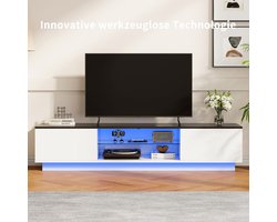 Glanzend tv-meubel met mediaconsole, tv-standaard met ledverlichting en glazen planken, dubbele deur, voor tv's tot 65 inch, woonkamer, 140cm, Wit