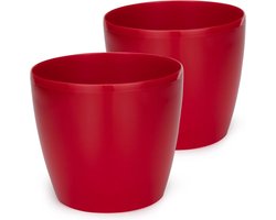Glanzende bloempotten - sierpot voor bloemen en kruiden - duurzame en lichte - ronde kunststof plantenpotten - woonkamer eetkamer keuken terras balkon - set van 2 - rood - doorsnede 25 cm - bloempotten met drainage