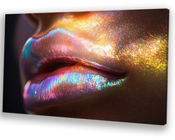 Glanzende iriserende lippen close-up - Lippen canvaskunst - Schilderij op canvas gezicht - Hyperrealisme - Decoratie voor thuis - Decoratie kamer - canvas 70x50 cm