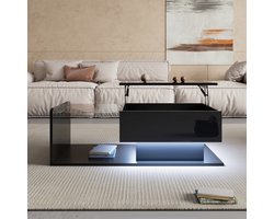 Glanzende salontafel - bijzettafel - met glasplaat en LED-verlichting - zwart
